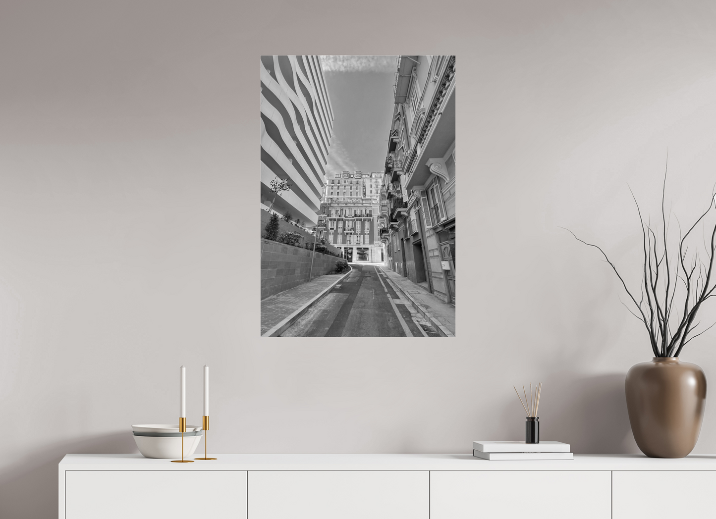 Framed black-and-white city alley photo print with strong perspective down the road