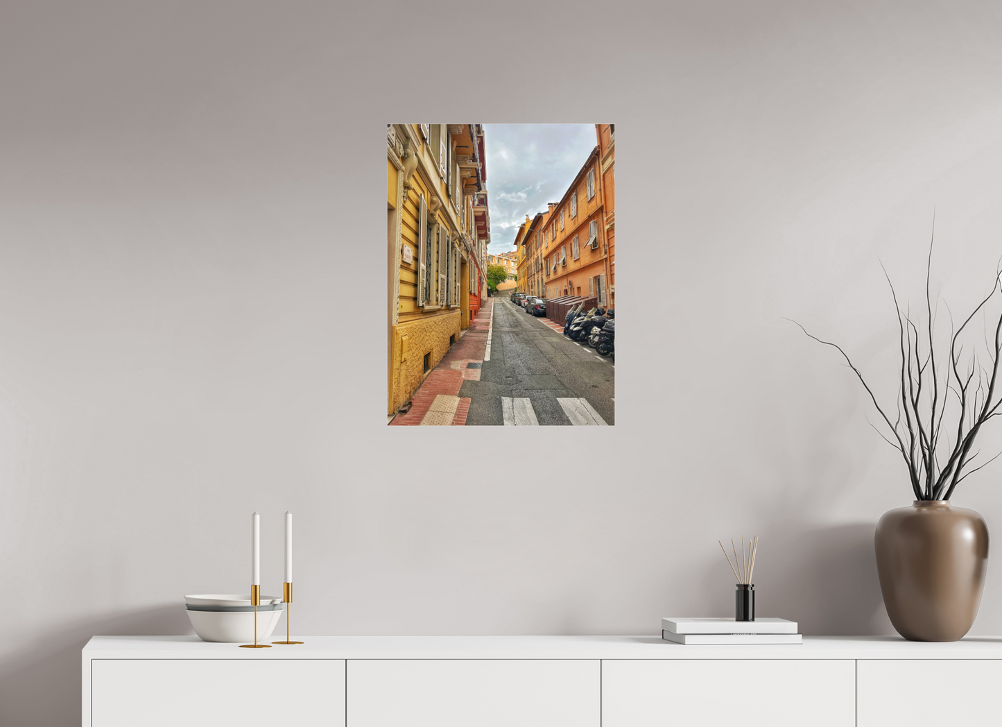 Square street photo print with cobblestone walkway and colorful façades along the lane