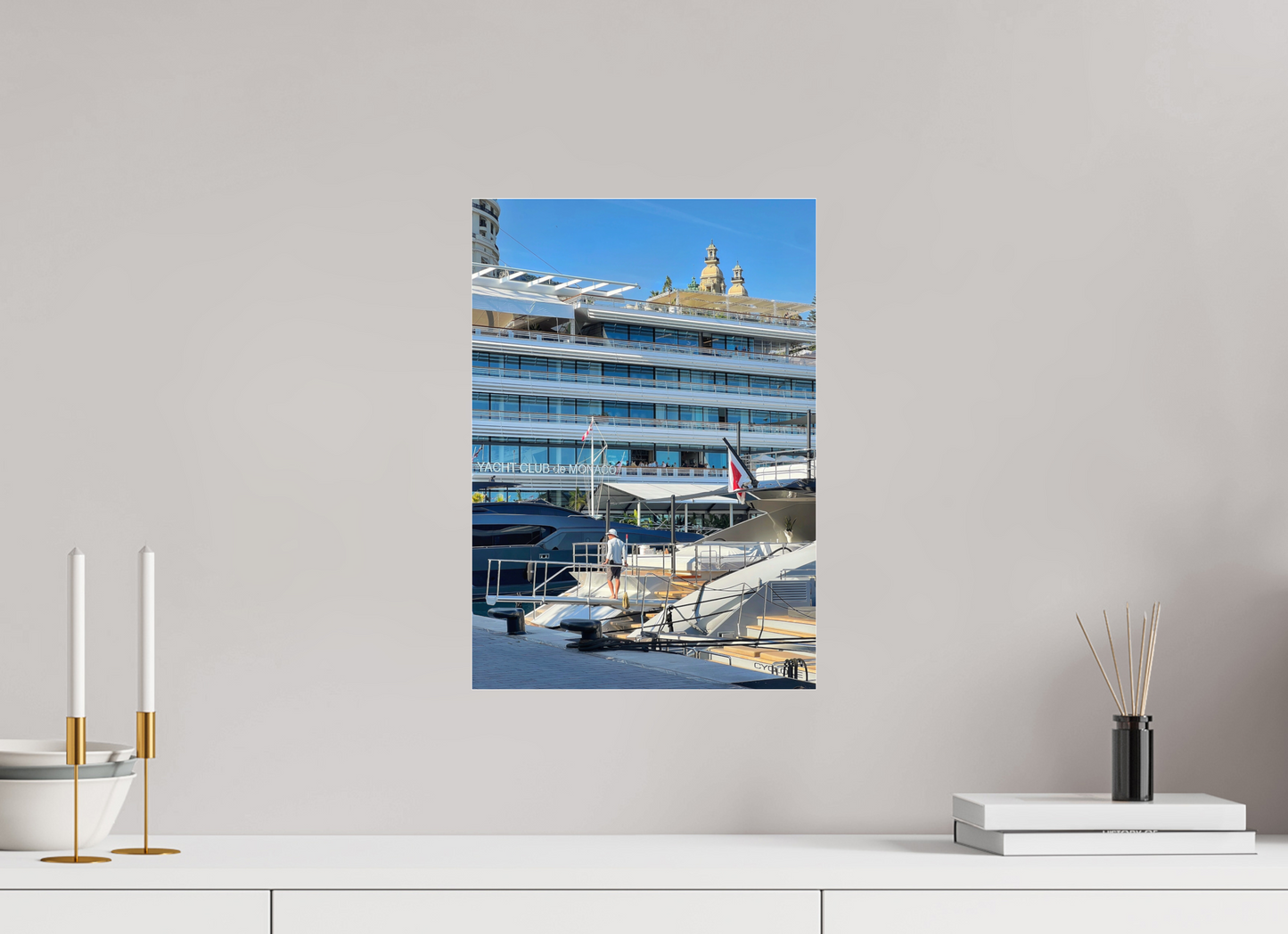 Square wall photo print with marina docks, sailboats, and a domed blue building