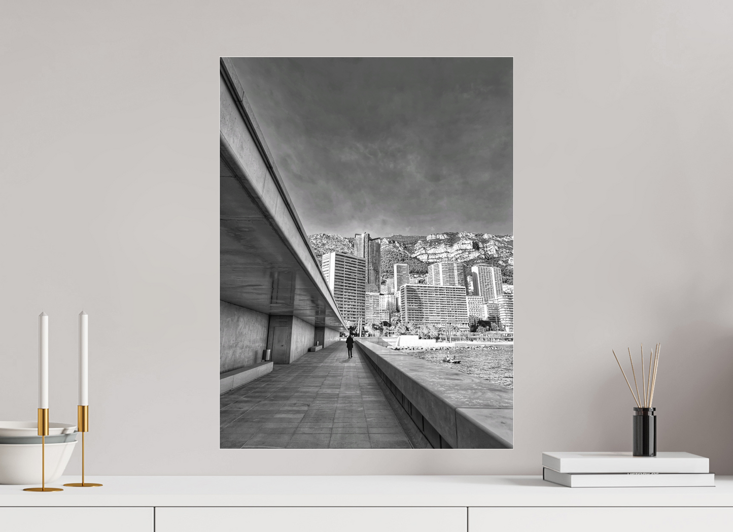 Framed black-and-white city street photo print with dark border
