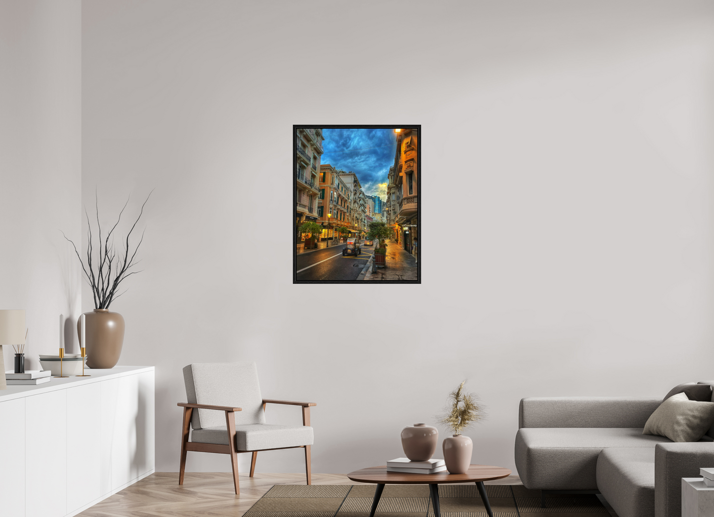 Framed city street photo print under acrylic glass with black floater frame, evening scenery