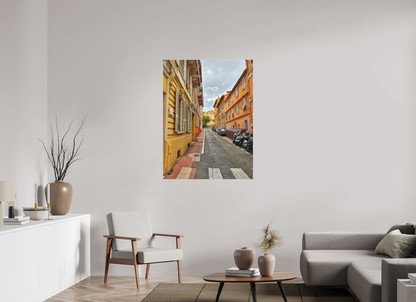 Square street photo print on blank wall, European alley between brick building rows