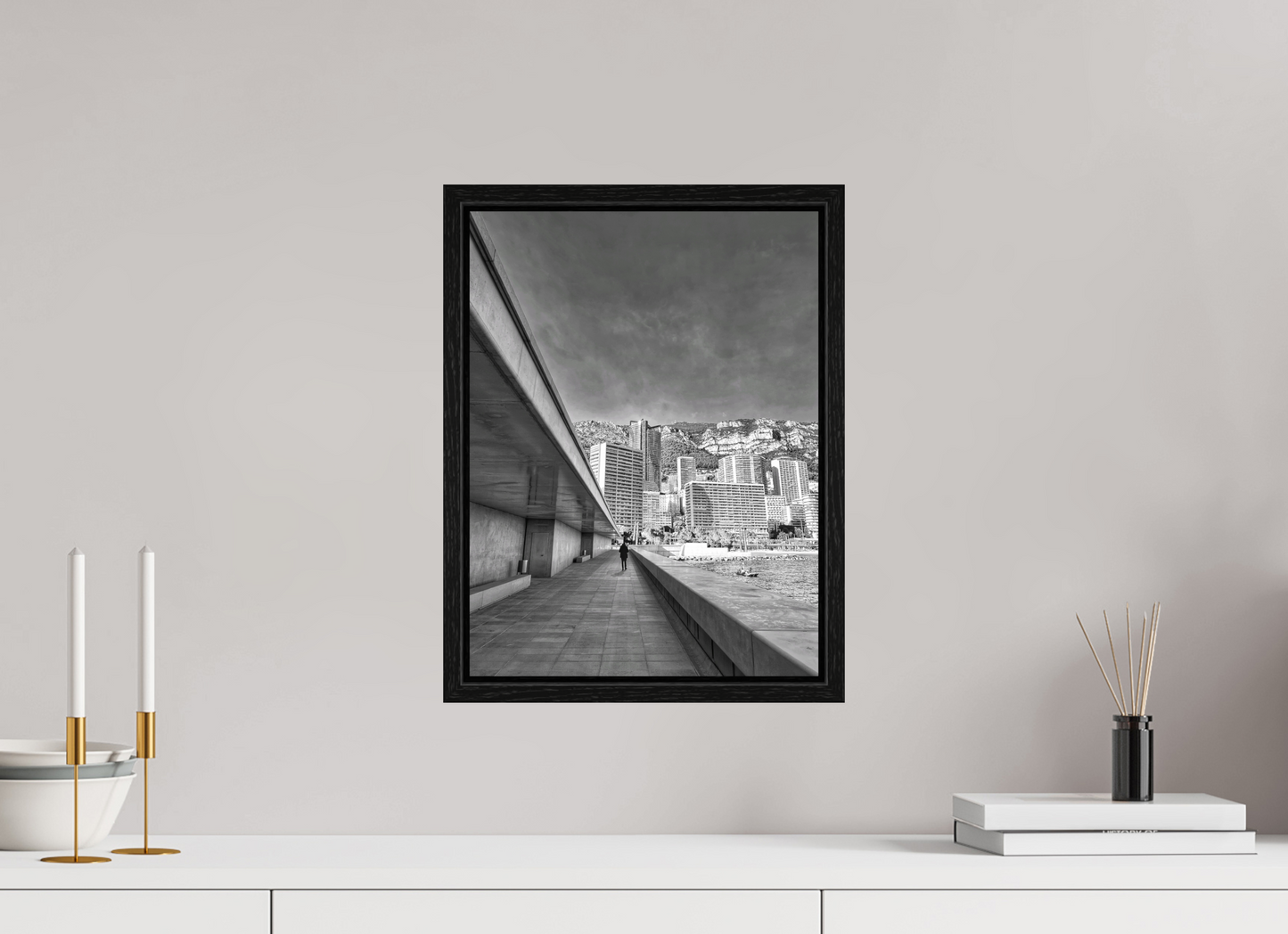 Framed black-and-white city walkway photo print with black frame