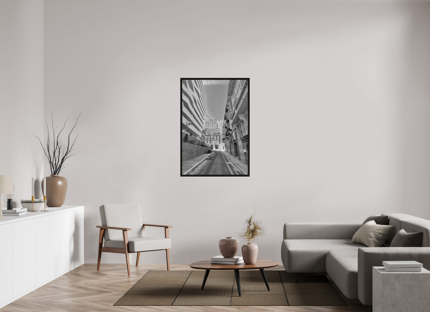 Framed black-and-white street photo print with a narrow alley view and towering buildings