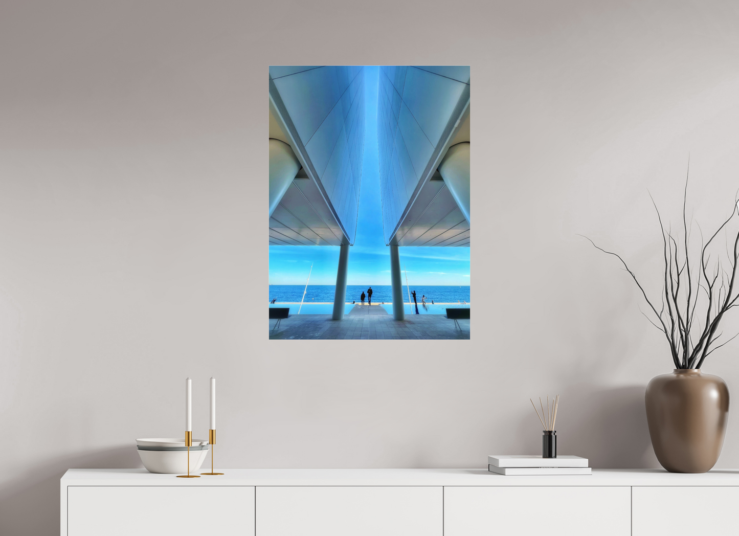 Framed acrylic-glass wall print with blue beams, columns, and sea horizon