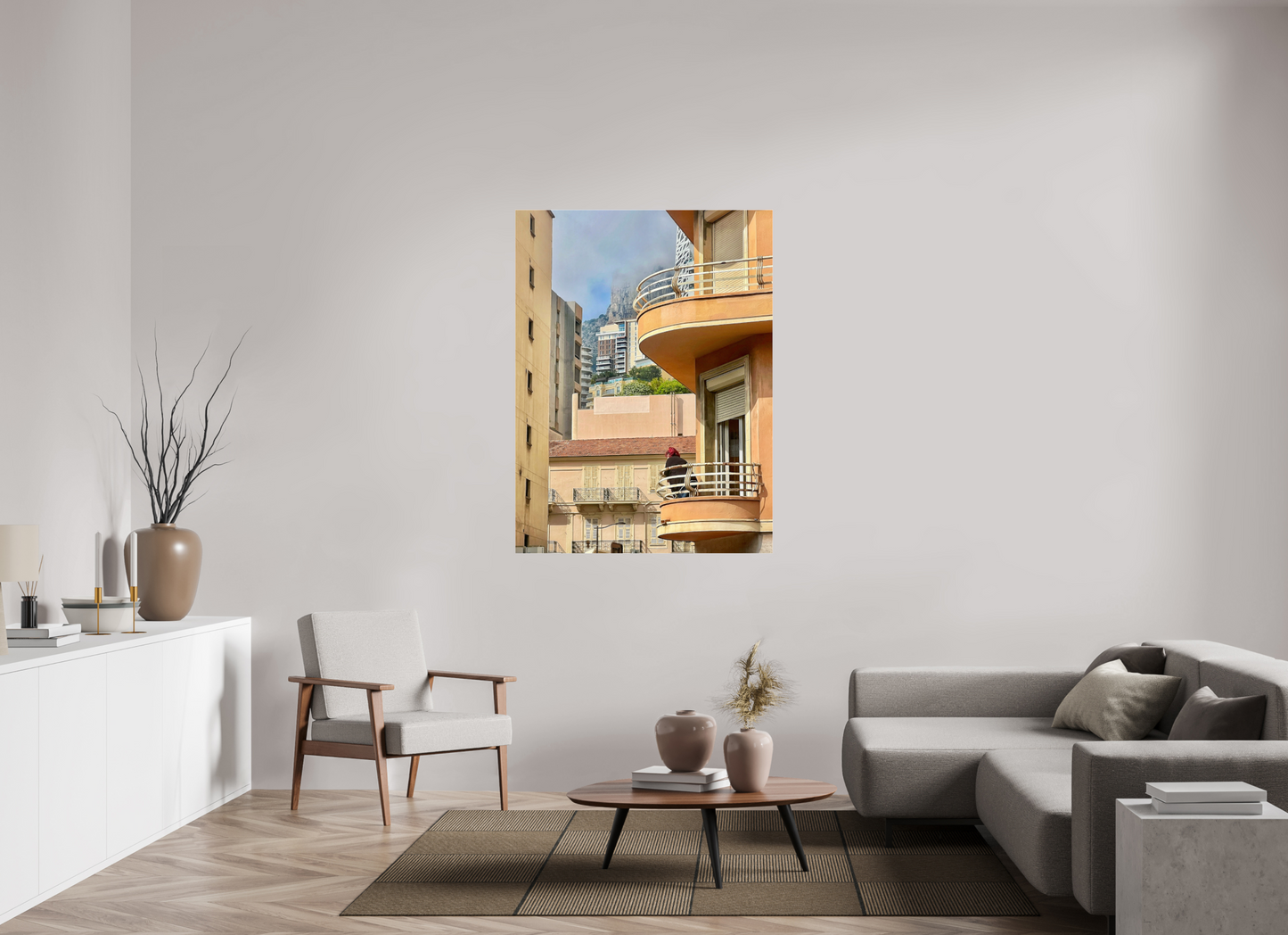 Wood floater frame acrylic glass photo print of high-rise exterior with balconies