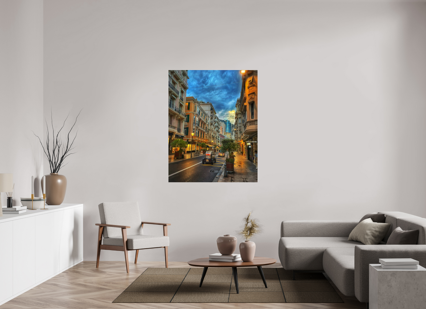 Framed city street photo print under acrylic glass with black floater frame, dusk lights