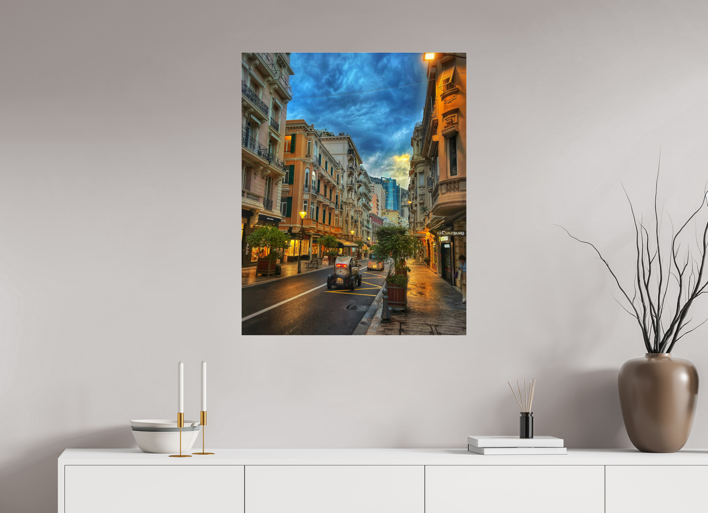 Wall-mounted city street photo in acrylic glass floater frame, parked car in lane
