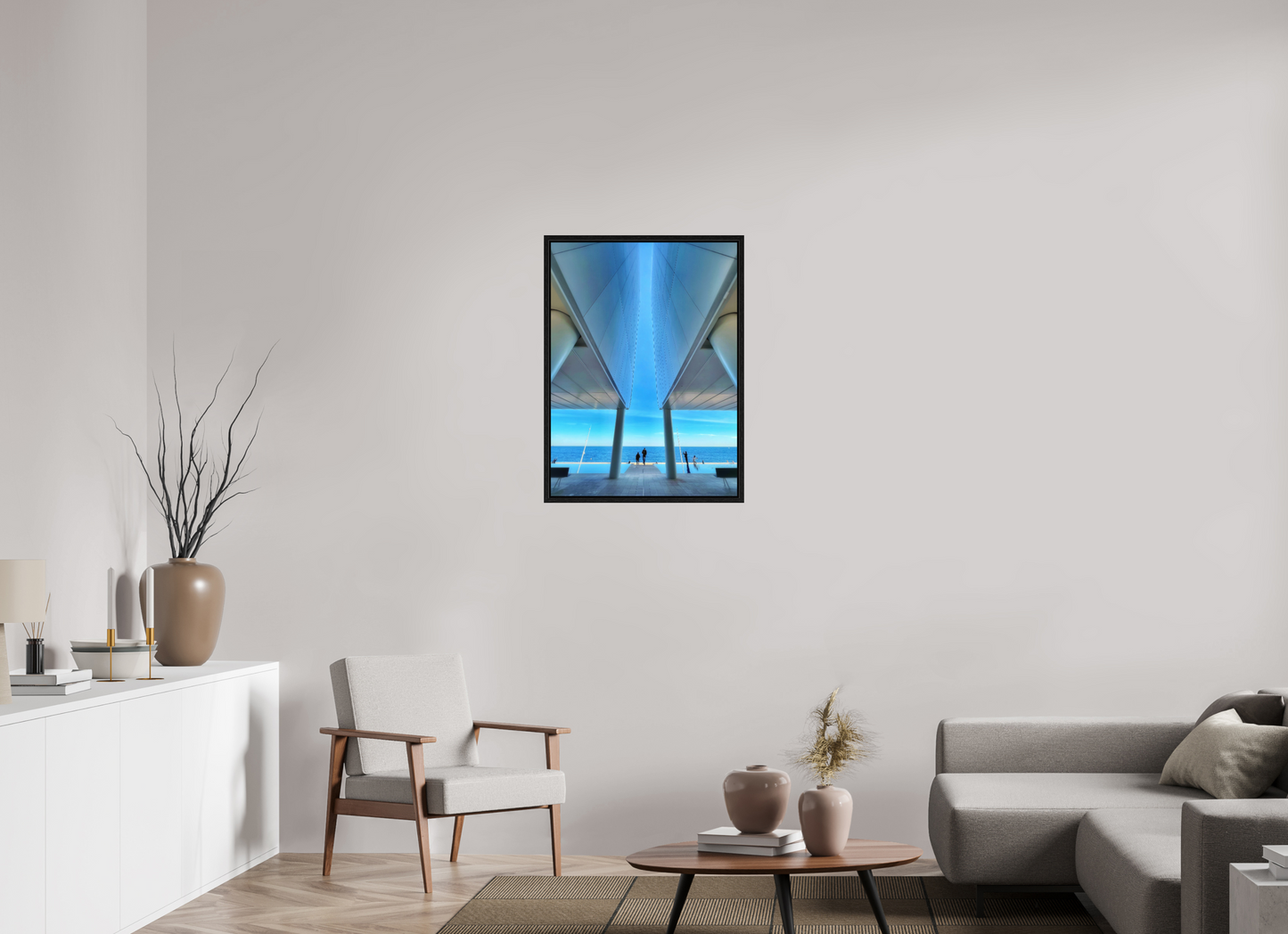 Small framed blue architectural wall art print with black frame and acrylic cover