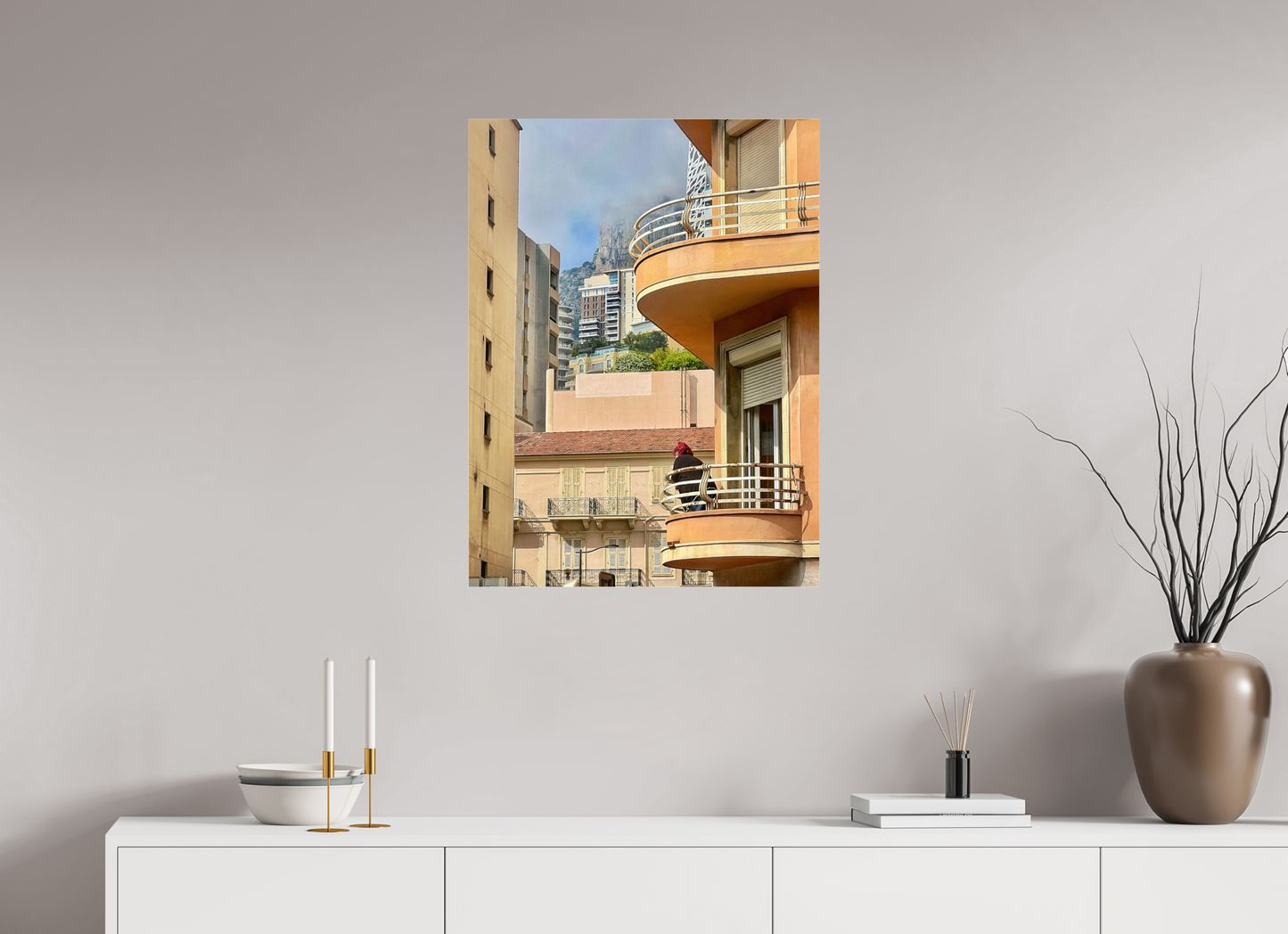 Wood floater frame acrylic glass photo print with city balcony scene, centered