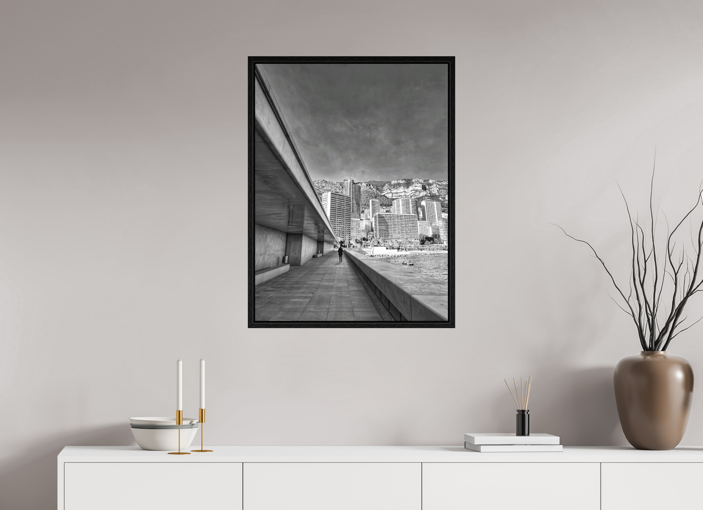 Black framed monochrome city walkway photo print with glass surface