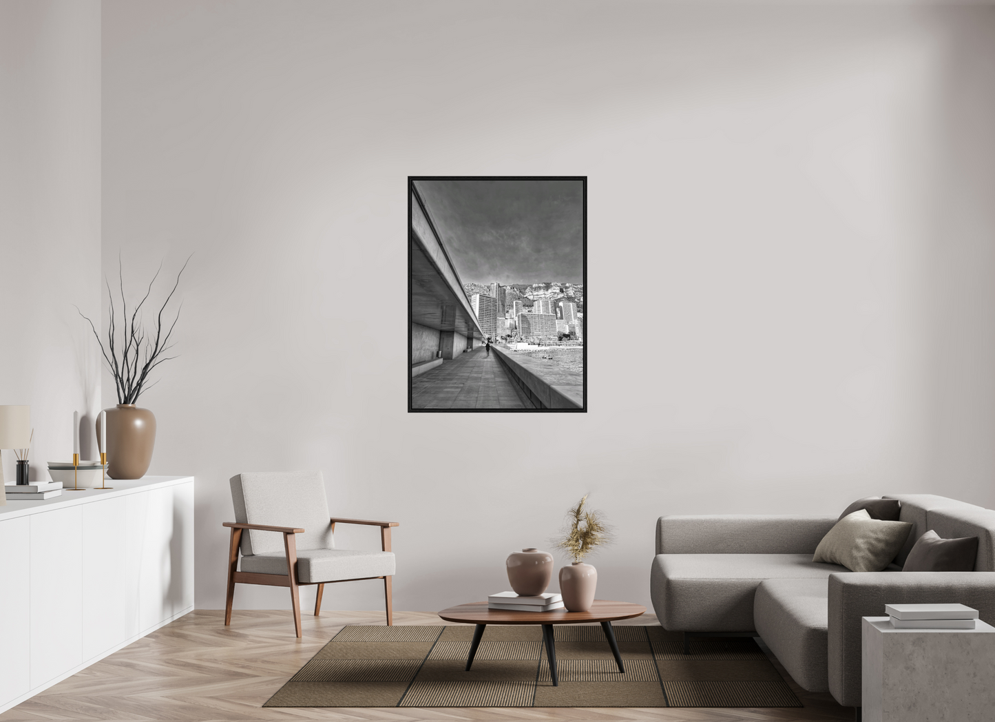 Small black-framed monochrome city walkway photo print
