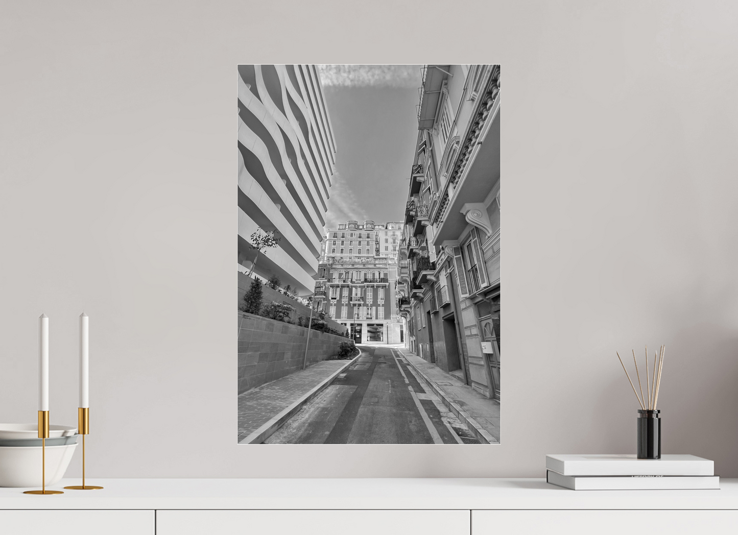 Framed black-and-white street photo print with close alley perspective and building edges