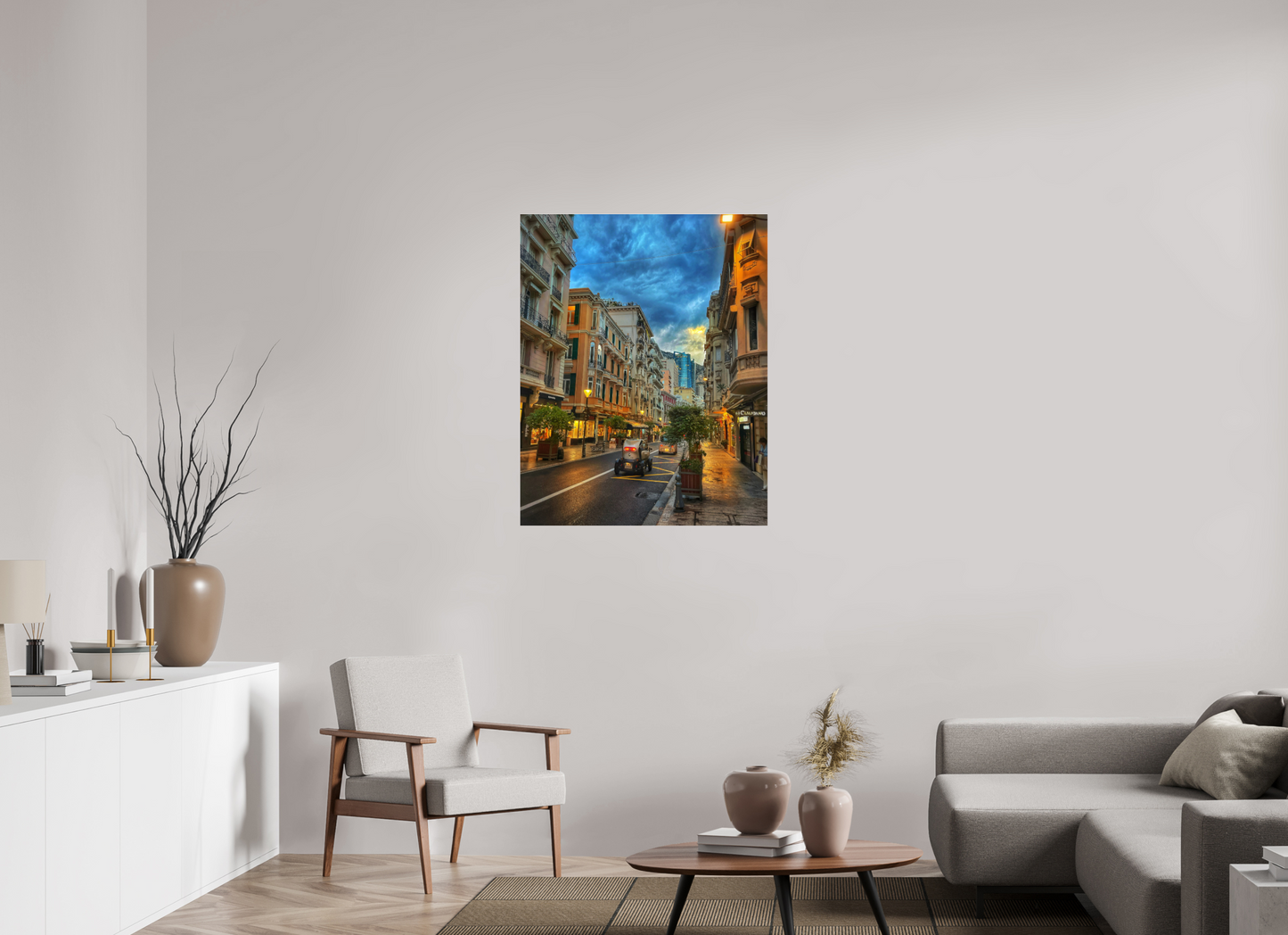 Framed city street photo in acrylic glass, blue sky over narrow street