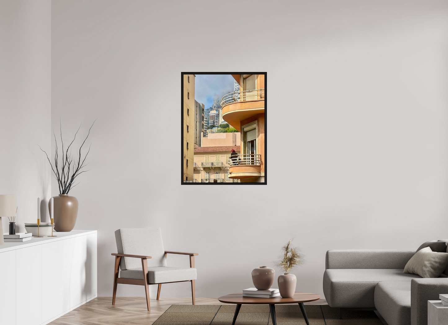 Urban photo print under acrylic glass in black floater frame, showing skyline balconies